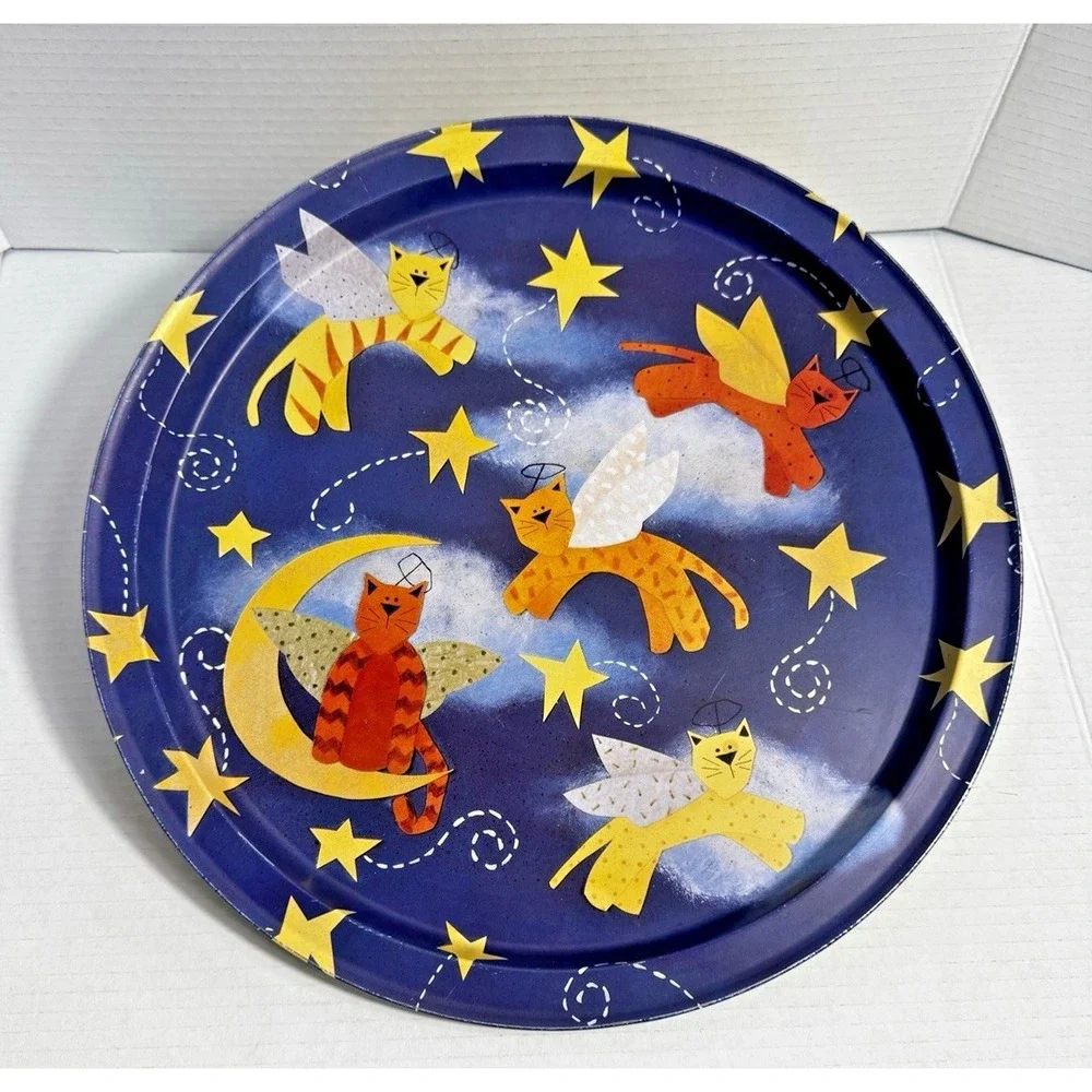 Vintage Angel Cats Tin Serving Tray Blue Celestial Starry Night Round 13